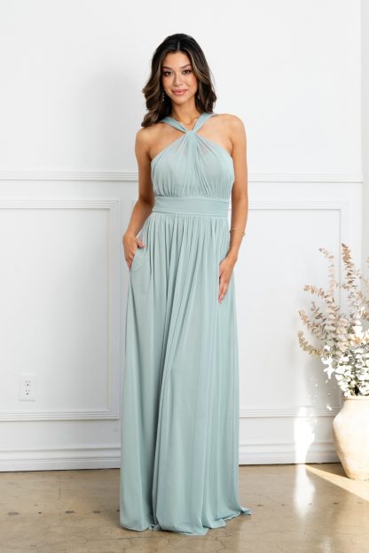 3520 | Twist front faux halter stretch chiffon gown - Image 7