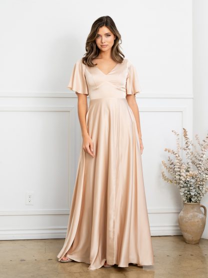 3523 | Winged sleeve satin bridesmaid dress - Image 2