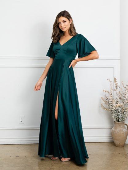 3523 | Winged sleeve satin bridesmaid dress