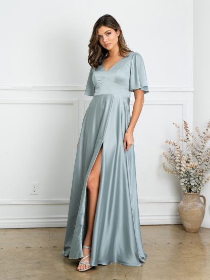 3523 | Winged sleeve satin bridesmaid dress - Image 11