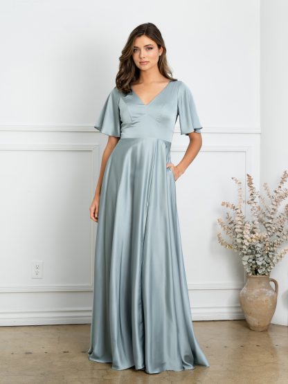 3523 | Winged sleeve satin bridesmaid dress - Image 10