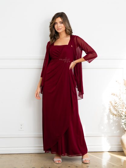 3527 | 2 Piece long stretch chiffon dress and jacket set