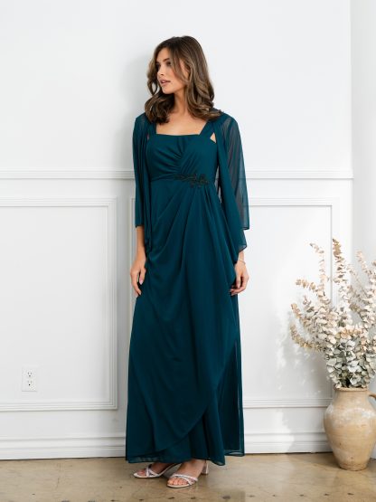 3527 | 2 Piece long stretch chiffon dress and jacket set - Image 4
