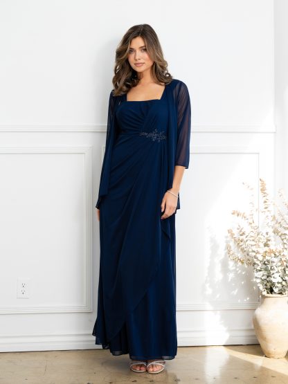 3527 | 2 Piece long stretch chiffon dress and jacket set - Image 8