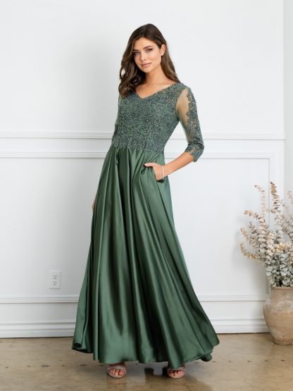 5286 | Satin a-line gown with embroidered lace bodice and 3/4 sleeves