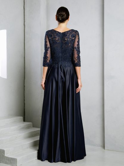5286 | Satin a-line gown with embroidered lace bodice and 3/4 sleeves - Image 2