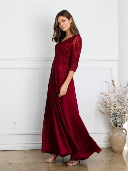 5286 | Satin a-line gown with embroidered lace bodice and 3/4 sleeves - Image 3