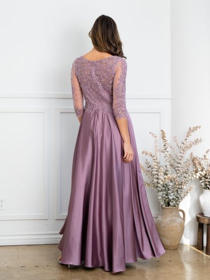 5286 | Satin a-line gown with embroidered lace bodice and 3/4 sleeves - Image 6