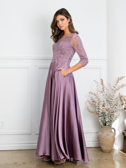 5286 | Satin a-line gown with embroidered lace bodice and 3/4 sleeves - Image 7