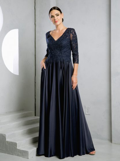 5286 | Satin a-line gown with embroidered lace bodice and 3/4 sleeves - Image 5