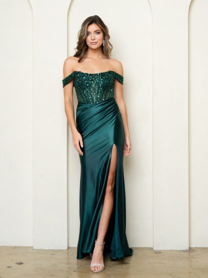 5287 | Off shoulder gown with beaded corset top and stretch skirt with tail - Image 8