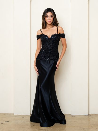 5291 | Off shoulder satin fit & flare gown w/embroidery - Image 2