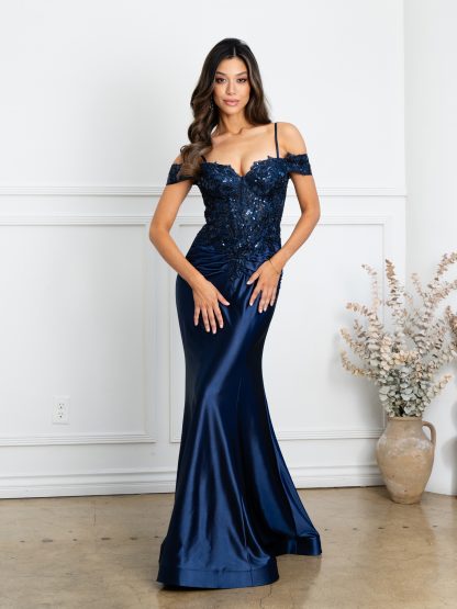 5291 | Off shoulder satin fit & flare gown w/embroidery