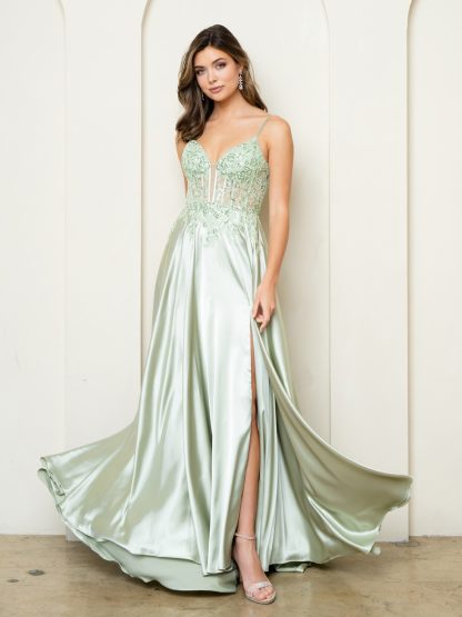 5294 | Sleeveless satin a-line gown with embroidered top