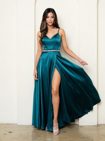 3506 | SATIN A-LINE GOWN WITH FRONT SLIT & CORSET BACK - Image 5