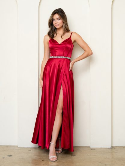 3506 | SATIN A-LINE GOWN WITH FRONT SLIT & CORSET BACK - Image 10