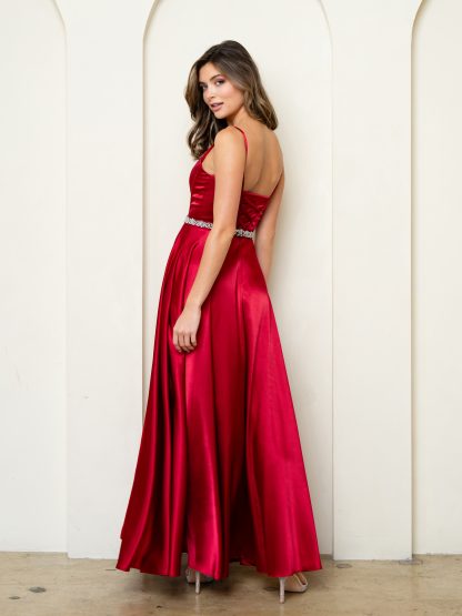 3506 | SATIN A-LINE GOWN WITH FRONT SLIT & CORSET BACK - Image 8