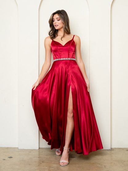 3506 | SATIN A-LINE GOWN WITH FRONT SLIT & CORSET BACK