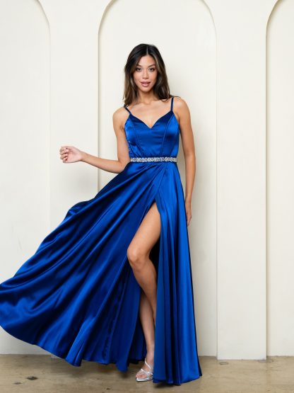 3506 | SATIN A-LINE GOWN WITH FRONT SLIT & CORSET BACK - Image 11