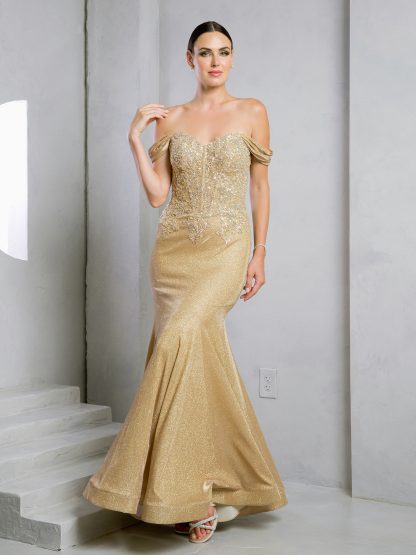 5284 | OFF SHOULDER GLITTERED FIT AND FLARE GOWN WITH BEADED EMBELLISHMENTS ON BODICE