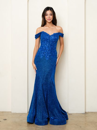 5284 | OFF SHOULDER GLITTERED FIT AND FLARE GOWN WITH BEADED EMBELLISHMENTS ON BODICE - Image 5