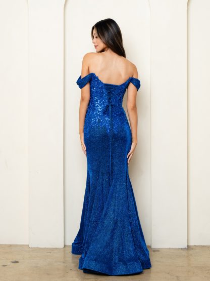 5284 | OFF SHOULDER GLITTERED FIT AND FLARE GOWN WITH BEADED EMBELLISHMENTS ON BODICE - Image 4