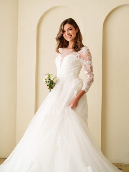 5293 | TULLE AND LACE SLEEVED A-LINE WEDDING GOWN WITH CHAPEL TRAIN - Image 2