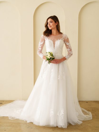5293 | TULLE AND LACE SLEEVED A-LINE WEDDING GOWN WITH CHAPEL TRAIN