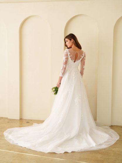 5293 | TULLE AND LACE SLEEVED A-LINE WEDDING GOWN WITH CHAPEL TRAIN - Image 4