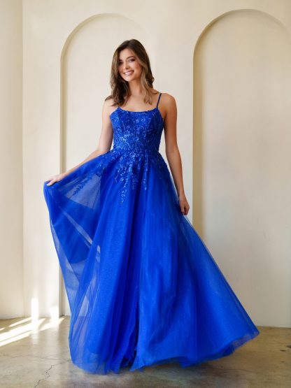 5295 | Tulle a-line gown with floral beaded embroidery on bodice