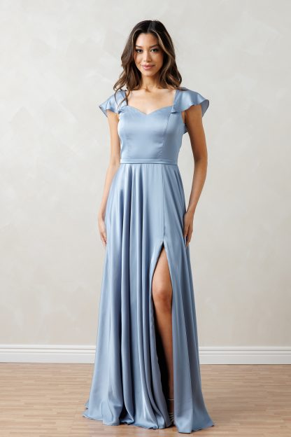 3532 | SATIN A-LINE DRESS WITH FLUTTER CAP SLEEVES AND FRONT SLIT