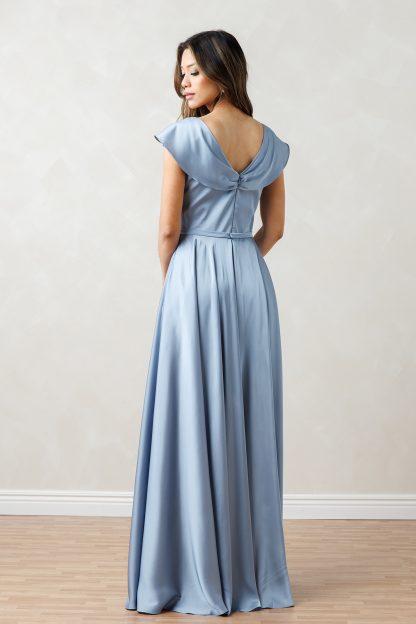 3532 | SATIN A-LINE DRESS WITH FLUTTER CAP SLEEVES AND FRONT SLIT - Image 2