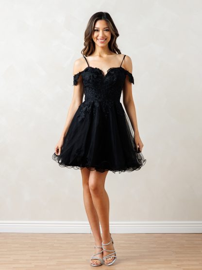 5292 | OFF SHOULDER EMBELLISHED A-LINE MINI TULLE DRESS WITH MONOCHROME APPLIQUES - Image 5
