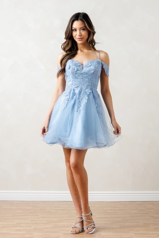 5292 | OFF SHOULDER EMBELLISHED A-LINE MINI TULLE DRESS WITH MONOCHROME APPLIQUES