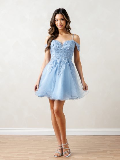 5292 | OFF SHOULDER EMBELLISHED A-LINE MINI TULLE DRESS WITH MONOCHROME APPLIQUES