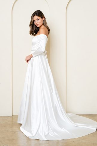 3528 | OFF SHOULDER LONG SLEEVED STRETCH SATIN WEDDING DRESS