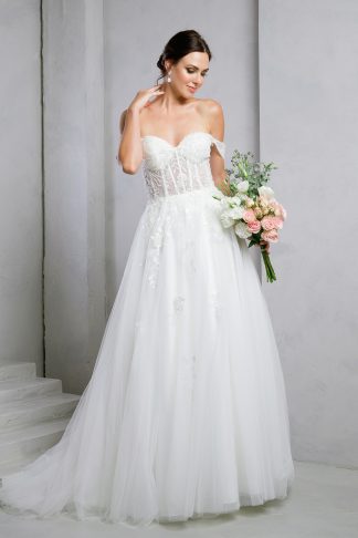 5275 | Off shoulder tulle A-line wedding gown with beaded lace appliques