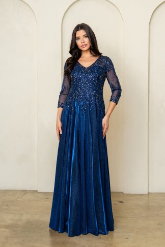 5303 | MAMA SLEEVED ALINE METALLIC GOWN WITH BEADED BODICE