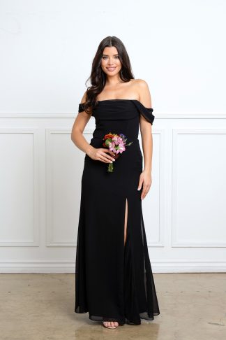 3537 | OFF SHOULDER CHIFFON BRIDESMAID DRESS W/ FRONT SLIT