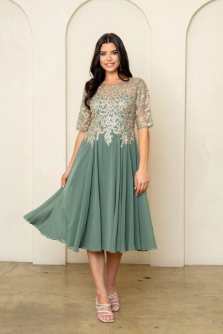 5304 | KNEE LENGTH MOB HALF SLEEVE EMBELLISHED CHIFFON GOWN