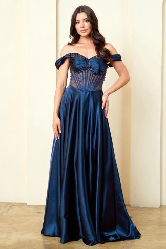 5315 | OFF SHOULDER A-LINE SATIN DRESS WITH EMBELLISHED BUSTIER BODICE