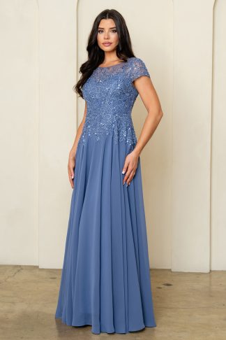 5316 | CAP SLEEVE MOB A-LINE CHIFFON GOWN WITH EMBELLISHED BODICE