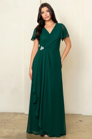 3540 | SHORT FLUTTER SLEEVE CHIFFON DRESS WITH BEADED APPLIQUE