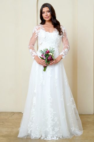 5320 | LACE A-LINE WEDDING DRESS WITH SPAGHETTI STRAP AND CORSET BACK + MATCHING BOLERO