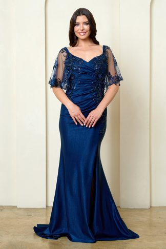 5309 | 2 piece embellished stretch satin gown with removable cape