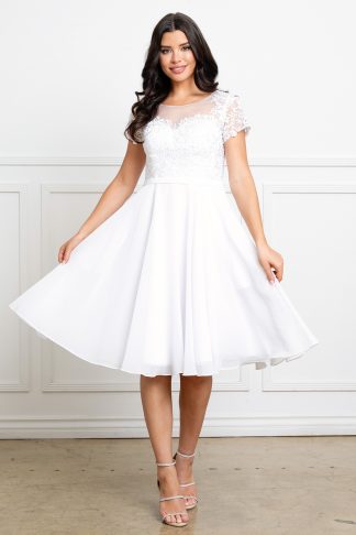 5319 | SHORT SLEEVE A-LINE KNEE LENGTH GOWN WITH LACE BODICE