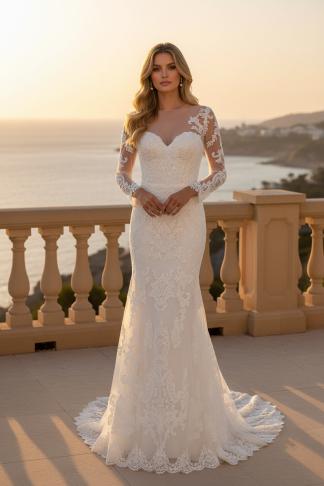5321 | 2 PC STRAPLESS LACE WEDDING GOWN WITH MATCHING LONG SLEEVE TOPPER