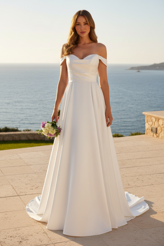 5323 | SATIN A-LINE WEDDING GOWN WITH POCKETS AND REMOVABLE OFF SHOULDER STRAPS